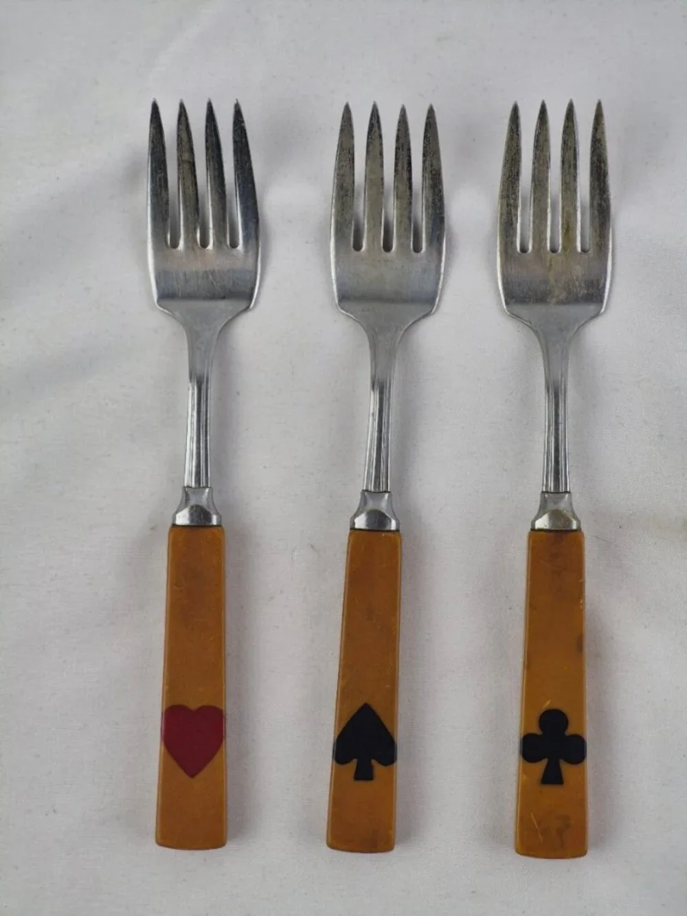 Art Deco Bakelite Flatware Inlaid Playing Card Suits 3 forks, 7 knives 7 spoons